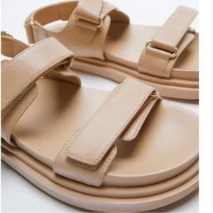 ZARA BEIGE NUDE Leather Footbed Flat sandals